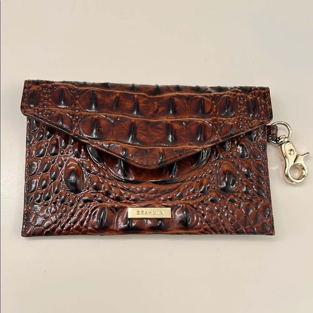 Brahmin Brown Crocodile Embossed Wristlet with Metallic Accent